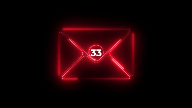 Glowing red neon envelope icon with number sixty nine notification badge on a dark background