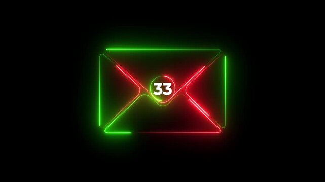 Neon glowing envelope icon with number sixty nine notification badge showing unread email message alert concept on dark background