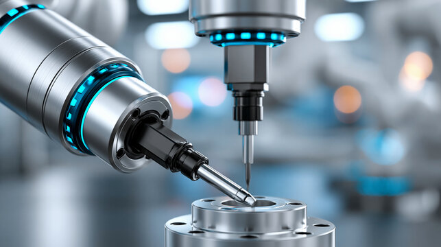 Industrial torque calibration block 3D render with robotic torque testing tool and CNC force validation, smart factory mechanical calibration system concept, defocused, with copy