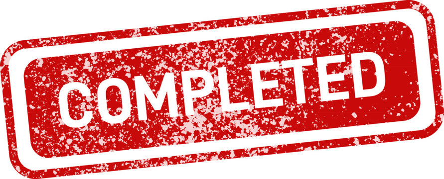 Red 'completed' stamp with stars project success task achievement and approval symbol