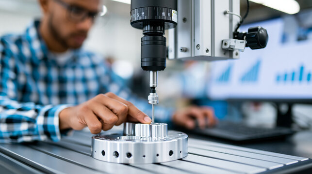 Anonymous automotive quality engineer using a coordinate measuring machine to verify component tolerances on a production part, precision manufacturing QA concept, faceless,