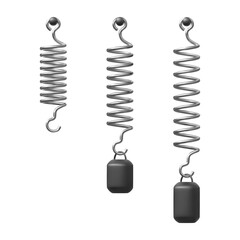Obraz premium A set of suspended chromed metal springs of varying lengths with hooks and weights.
