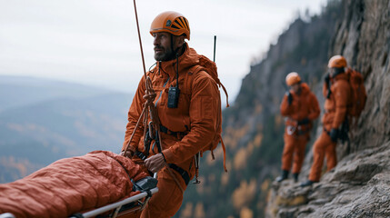 Naklejka premium Mountain rescue volunteers simulate a high angle evacuation on a cliff face during autumn training, a casualty in a stretcher lowered on a belay system while team members in