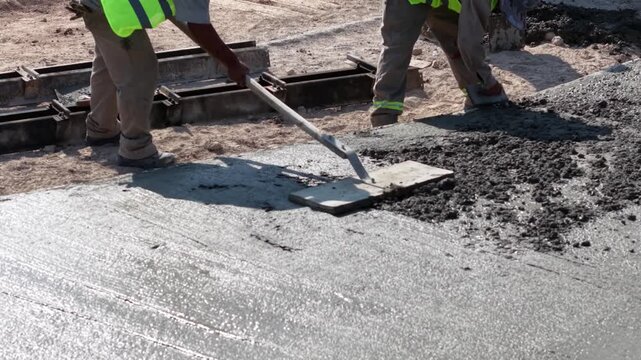 Obreros pavimentando una calle, construcci&oacute;n de asfalto y trabajo urbano de infraestructura