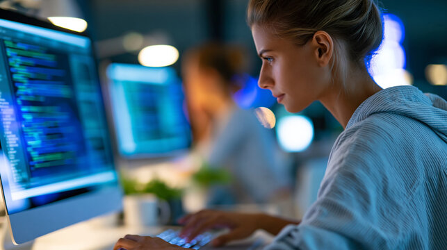 Anonymous businesswoman QA tester testing software functionality, technology and teamwork quality assurance concept, faceless, defocused, with copy space