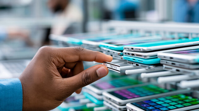 Close-up of an anonymous hand placing a QA test bug fix label on a rack of smartphones being tested, mobile quality assurance concept, faceless, defocused, with copy space
