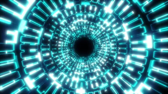 Abstract geometric technology corridor with glowing blue laser energy particles, futuristic cyberspace black background and infinite tunnel loop in 4k video.