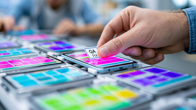 Close-up of an anonymous hand placing a QA test bug fix label on a rack of smartphones being tested, mobile quality assurance concept, faceless, defocused, with copy space