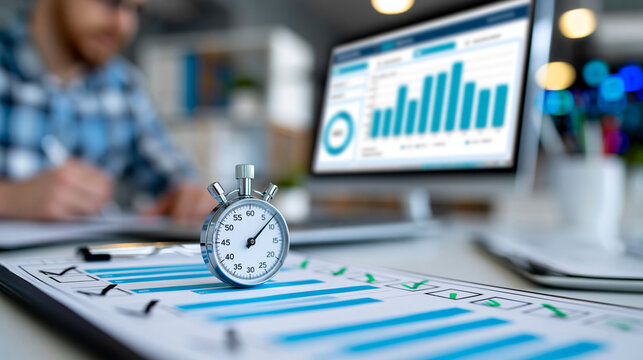Latency testing checklist with a monitoring dashboard and performance metrics for software quality assurance, QA engineering concept, defocused background, with copy space