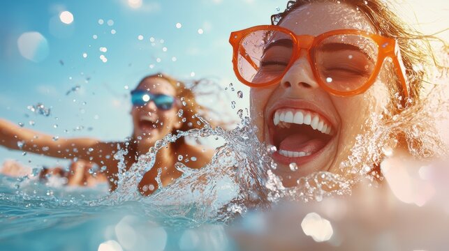 Playful Friends splashing water at the beach, laughing and enjoying the summer.