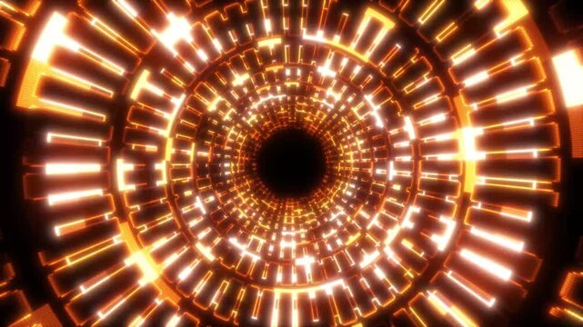 Abstract data transmission vortex with red illuminated particle streams, futuristic quantum tunnel and infinite cyberspace journey, seamless 3d animation in 4k black background.