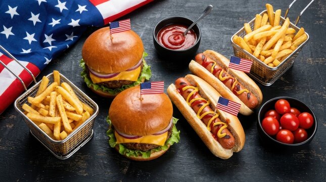 Patriotic barbecue feast with burgers and hot dogs