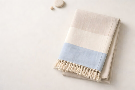 Folded beige and blue striped towel with fringe and seashell on neutral background, summer beach concept