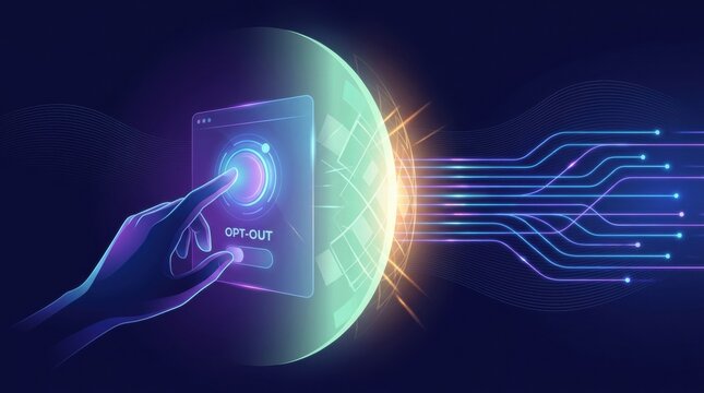 A hand is reaching out to select an opt-out feature on a digital display that is connected to data streams from a globe in a dark background.