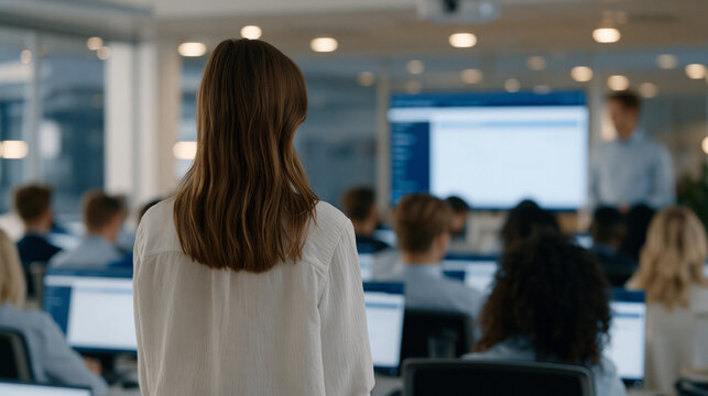 IT training coordinator in a sterile corporate environment runs a compliance training module verification session, employees seated in rows completing mandatory cybersecurity