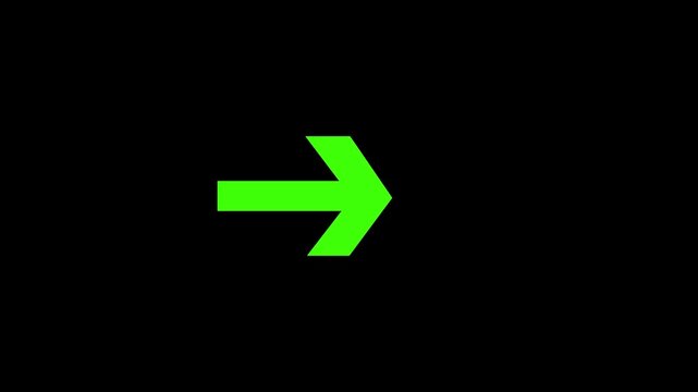 Bright neon green arrow pointing to the right side isolated on a dark black background representing direction and navigation path for digital interface design