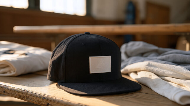 Structured snapback cap with a blank embroidered logo patch placed crown-down on a vintage gymnasium bleacher, afternoon sunlight slanting through a high window, a rolled-up