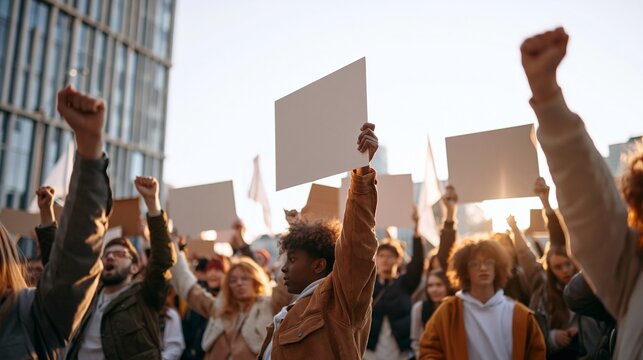 Diverse activists in jackets and earth-toned clothing hold blank placards in a modern city square, energized mood, late-afternoon sunlight, low-angle wide composition, raised hands and flags.