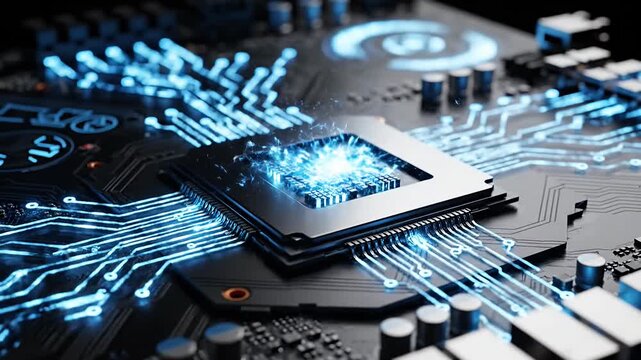 Computer processor chip on motherboard with glowing circuits.