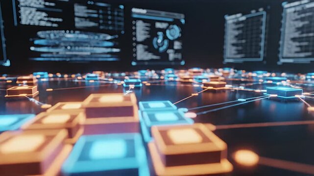 Connected glowing microchips on circuit board.