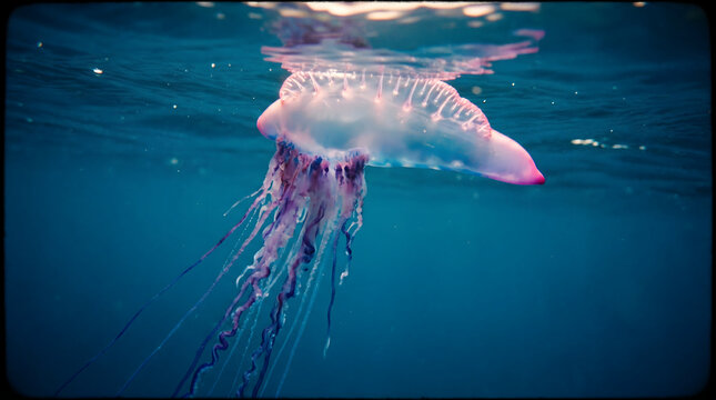 Portuguese Man o War Floating in Ocean Water captured in detailed underwater macro photography