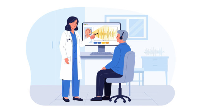Doctor consults patient with audiogram on computer screen in clinic