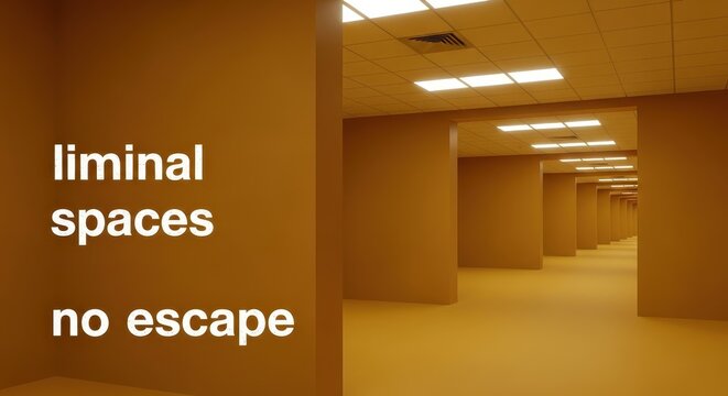 Eerie Liminal Space Interior with Infinite Yellow Corridors and Fluorescent Lighting