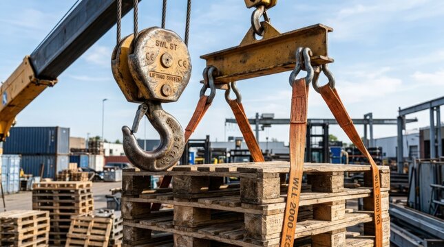 Industrial crane lifting wooden pallets in construction site. Crane hoist showcases heavy machinery with unassembled pallets ready for transport.