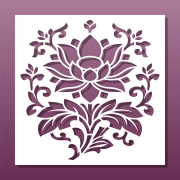 Tropical flower panel laser cut, decorative panel for wall art or card design. Paper art, CNC cutting stencil, floral pattern. Vectori isolated illustration