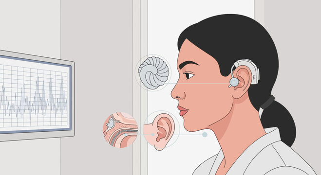 Woman with cochlear implant and ear anatomy diagram, medical illustration
