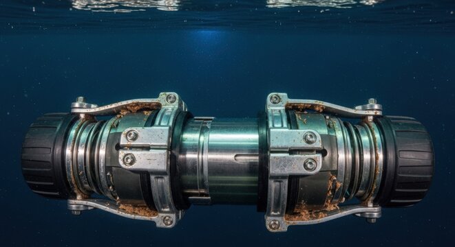 Underwater propulsion system with sleek metallic design and advanced engineering components. This underwater system features durable materials, precise mechanisms,