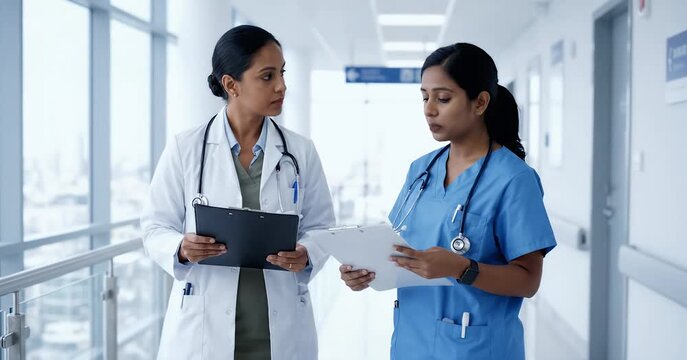 Two scientists in a laboratory discussing research data together.
