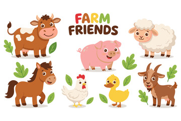 Naklejka premium Farm animals, cartoon farm friends, vector farm set, colorful farm icons