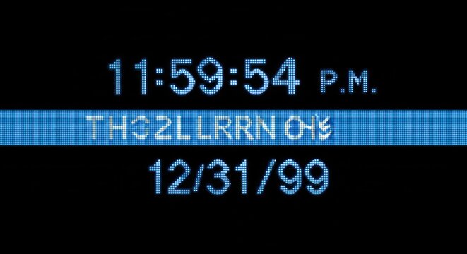 Digital Clock Displaying 11:59:54 PM on December 31 1999 Representing Y2K Millennium Countdown