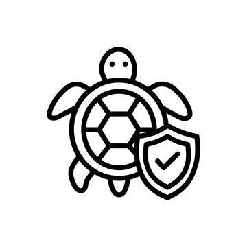 Minimal wildlife protection line icon featuring a sea turtle with a security shield. Ideal for marine conservation, endangered species protection, biodiversity preservation.