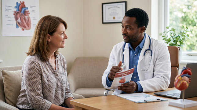 Middle-aged patient and black cardiologist discussing healthy lifestyle habits such as diet and exercise in a consultation room, Cardiologist's Day