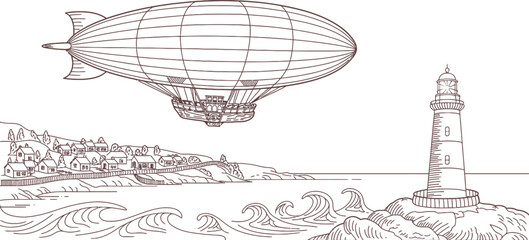 Vintage airship, zeppelin, lighthouse, coastal scenery, illustration, line art, sepia tones © Jihadul