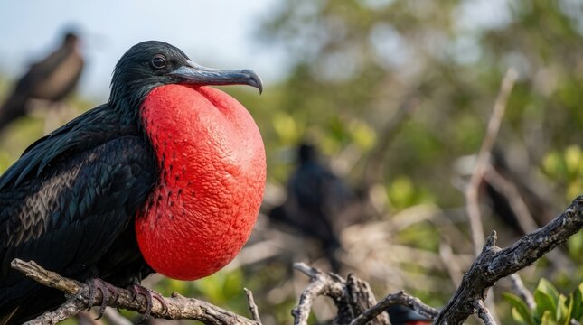 Frigatebird with bright red gular pouch perched on tree branch in natural habitat. Male frigatebird displays vibrant coloration with distinctive features among others in background.