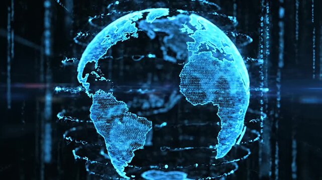 Digital blue earth hologram with data network connections.
