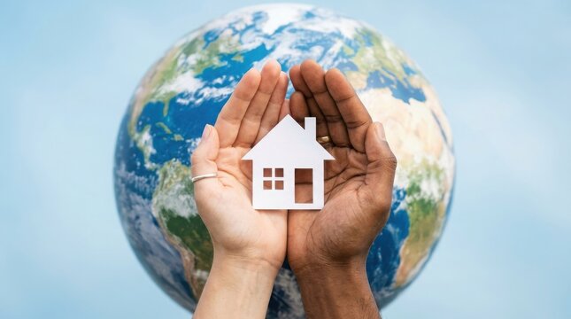 Diverse hands holding a paper house in front of a globe