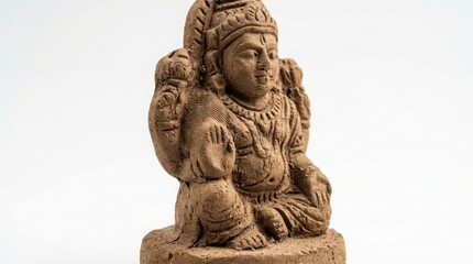 Fototapeta premium Decorative clay statue representing deity seated in traditional pose. Intricate details and craftsmanship highlight cultural significance of the piece. Concept of spirituality and art in home decor.