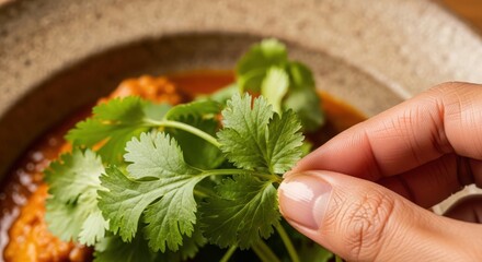 Fototapeta premium Fresh cilantro garnish on flavorful dish with vibrant sauce and ingredients. Hand places fresh cilantro to enhance dish presentation and flavor. Concept of culinary artistry for food photography.