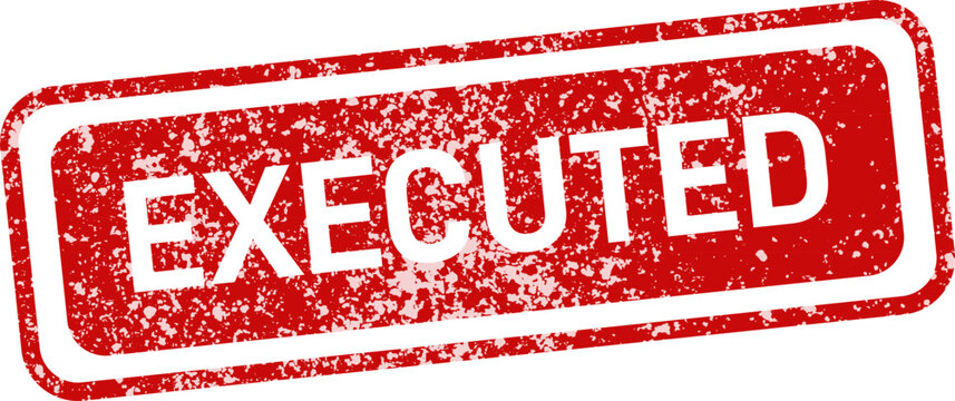Red rubber stamp label with 'executed' text and stars isolated on white background