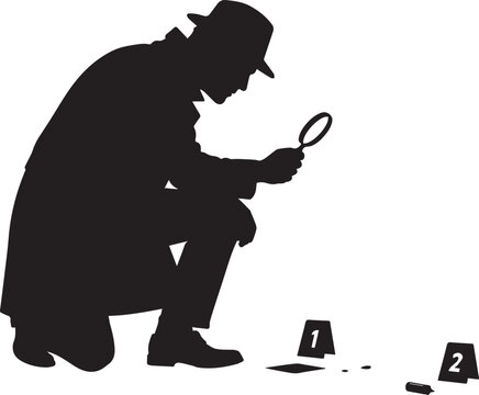 Silhouette of a detective examining evidence isolated on white background