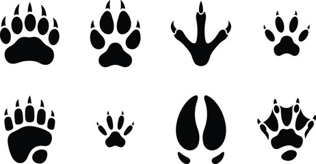 Silhouette icons of diverse animal footprints including bear paw, feline track, bird claw, canine paw, hoof, and webbed print © Muntaseer
