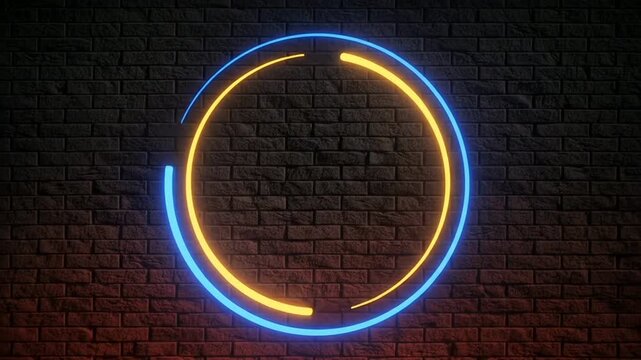 glowing circular blue and yellow neon frame on brick wall, modern abstract neon light ring background