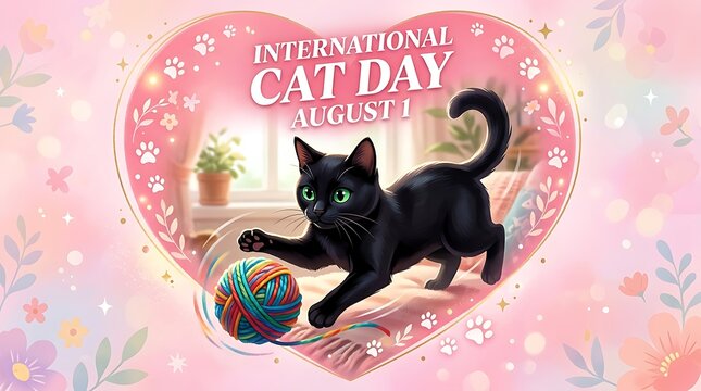 Cute black cat playing with colorful yarn celebrating international cat day august first
