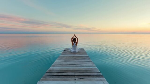 A woman dressed in light clothes is practicing a meditation pose on a wooden dock that extends into a calm sea under a soft sunset sky. The quiet scene reflects peace and serenity.