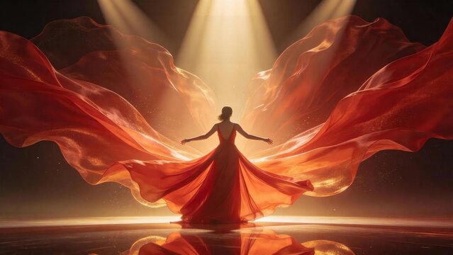 Woman with open arms standing on dark stage in huge flowing red silk dress under golden spotlights showing elegant dramatic performance and graceful artistic movement concept