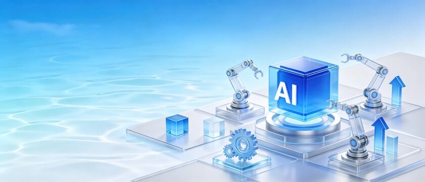 Blue glass AI cube surrounded by transparent robotic arms and growing upward arrows on soft blue water background showing artificial intelligence technology development and automation innovation